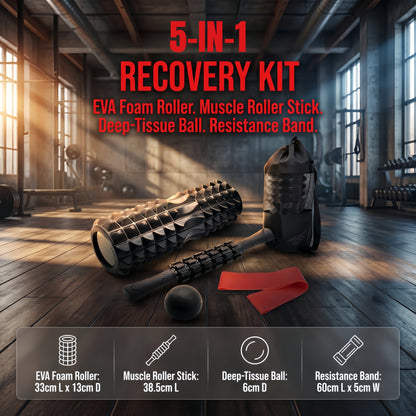 Ultimate 5-in-1 Foam Roller Set for Deep Tissue Relief - Includes Massage Stick, Ball, Resistance Band & Carry Bag for Myofascial Release & Trigger Point Therapy