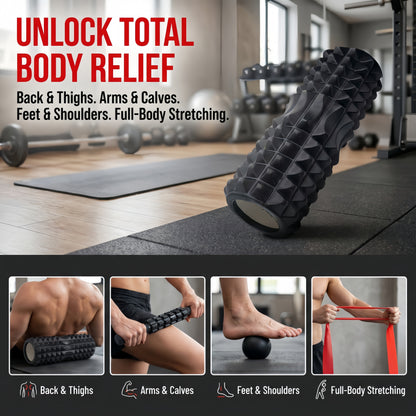 Ultimate 5-in-1 Foam Roller Set for Deep Tissue Relief - Includes Massage Stick, Ball, Resistance Band & Carry Bag for Myofascial Release & Trigger Point Therapy